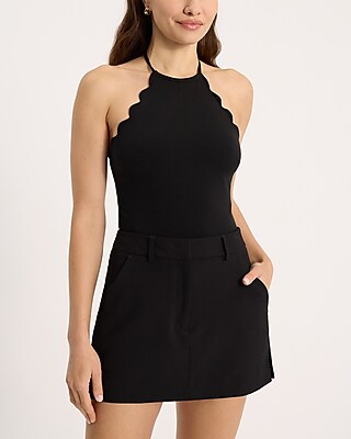Body Contour Stretch Cotton Halter Neck Scalloped Sleeveless Bodysuit