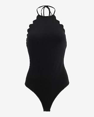 Body Contour Stretch Cotton Halter Neck Scalloped Sleeveless Bodysuit