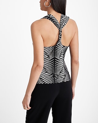 Printed Skimming Cowl Neck Twisted Strap Tank