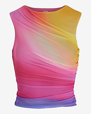 Body Contour Ruched Ombre Mesh High Neck Tank