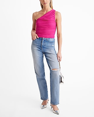 Body Contour Ruched Mesh One Shoulder Cropped Tank