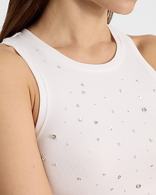 Embellished Fitted Ribbed High Neck Tank