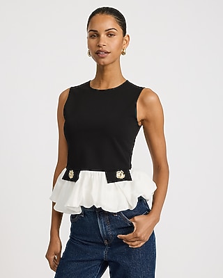 Color Block Crew Neck Gold Button Peplum Tank