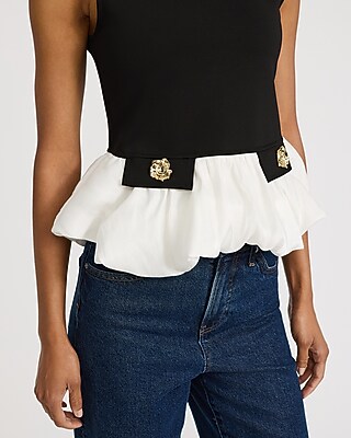 Color Block Crew Neck Gold Button Peplum Tank