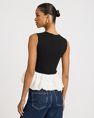 Color Block Crew Neck Gold Button Peplum Tank