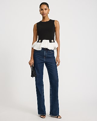 Color Block Crew Neck Gold Button Peplum Tank