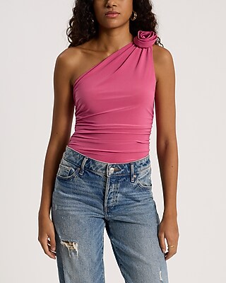 Fitted One Shoulder Sleeveless Ruched Rosette Bodysuit