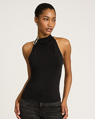 【usagi】HALTER HIGH NECK CAMISOLE TOPS SOLY HUX Women's High Neck Halter Tank Top Sleeveless Draped Open