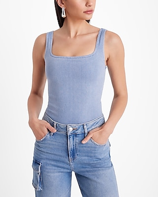 Body Contour Light Denim Square Neck Bodysuit