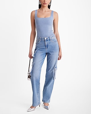 Body Contour Light Denim Square Neck Bodysuit