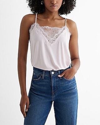 Ribbed Shine Fitted V-neck Lace Trim Cami