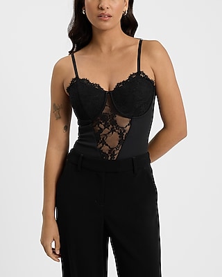 Sheer Lace Pieced Sleeveless Corset Bodysuit