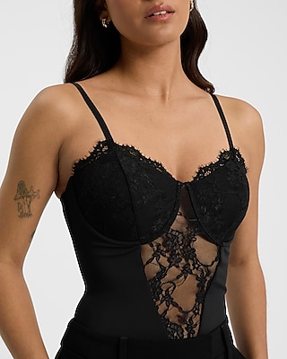 Sheer Lace Pieced Sleeveless Corset Bodysuit