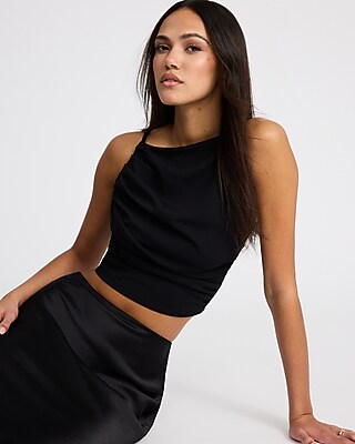 High Neck Draped Cropped Tank In Studio Stretch Crepe | Express