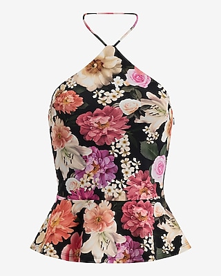 Floral Tie Halter Neck Peplum Top