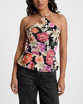 Floral Tie Halter Neck Peplum Top