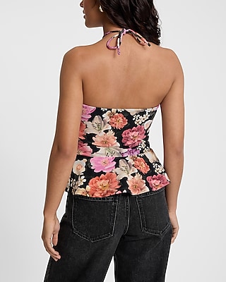 Floral Tie Halter Neck Peplum Top