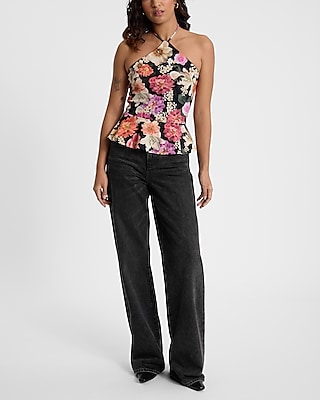 Floral Tie Halter Neck Peplum Top