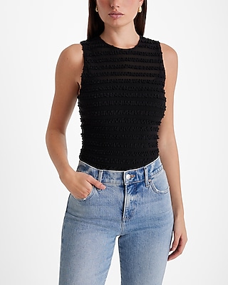 Fitted Mesh Ruffle Crew Neck Tank Express