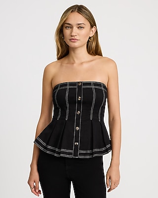 Denim Button Front Pleated Peplum Tube Top
