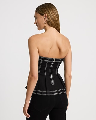 Denim Button Front Pleated Peplum Tube Top