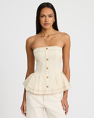 Denim Button Front Pleated Peplum Tube Top