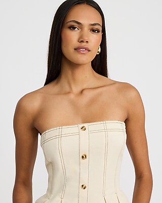 Denim Button Front Pleated Peplum Tube Top