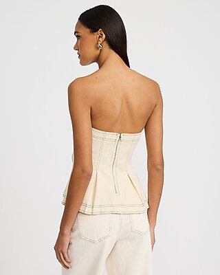 Denim Button Front Pleated Peplum Tube Top