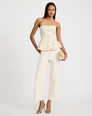Denim Button Front Pleated Peplum Tube Top