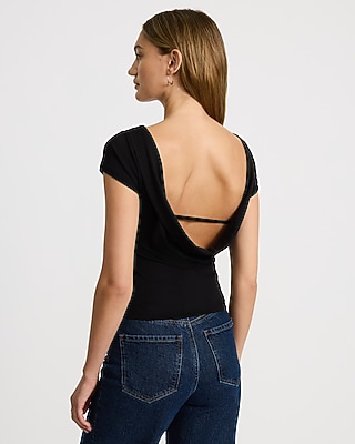 Crepe Crew Neck Short Sleeve Draped Back Cropped Tee