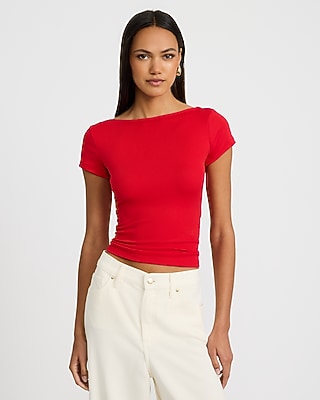 Crepe Crew Neck Short Sleeve Draped Back Cropped Tee - thumbnail 4