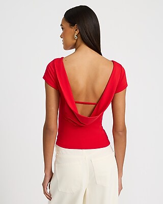 Crepe Crew Neck Short Sleeve Draped Back Cropped Tee - thumbnail 5