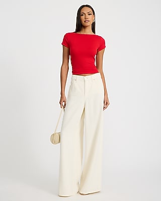 Crepe Crew Neck Short Sleeve Draped Back Cropped Tee - thumbnail 6