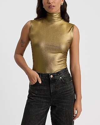 Metallic Gold Mesh Mock Neck Bodysuit