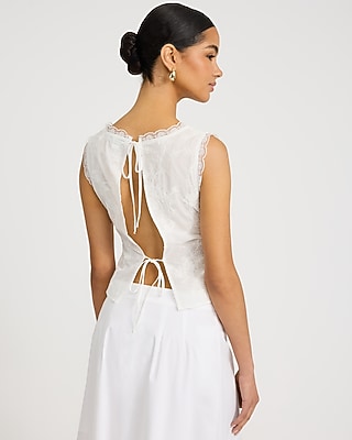 Cotton Lace Trim V-Neck Tie Open Back Tank - thumbnail 7
