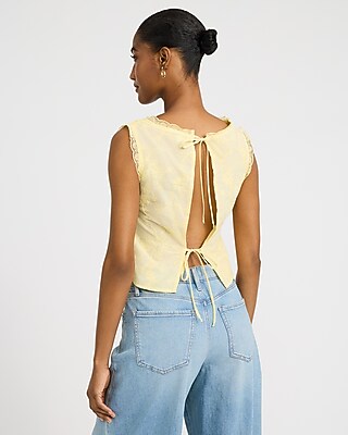 Cotton Lace Trim V-Neck Tie Open Back Tank