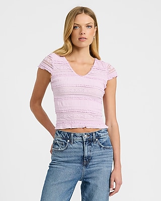 Textured Mesh V-Neck Short Sleeve Ruffle Tee