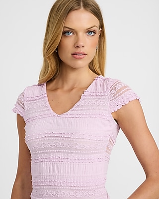 Textured Mesh V-Neck Short Sleeve Ruffle Tee