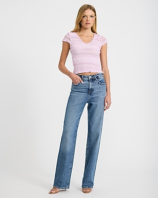 Textured Mesh V-Neck Short Sleeve Ruffle Tee