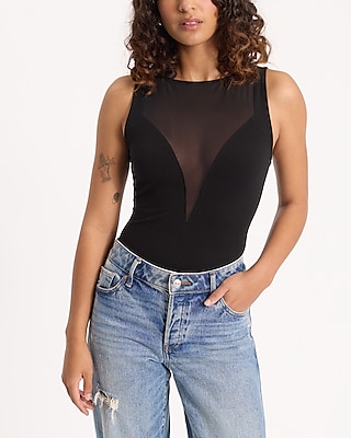 Fitted Mesh Boat Neck Sleeveless Bodysuit