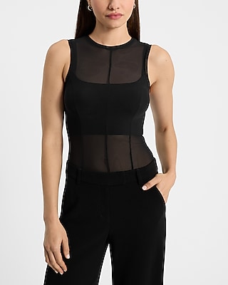 Fitted Mesh Crew Neck Sleeveless Seamed Bodysuit