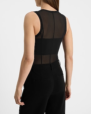 Fitted Mesh Crew Neck Sleeveless Seamed Bodysuit