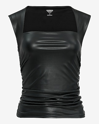 Body Contour Faux Leather Square Neck Ruched Tank