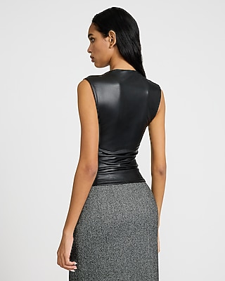 Body Contour Faux Leather Square Neck Ruched Tank