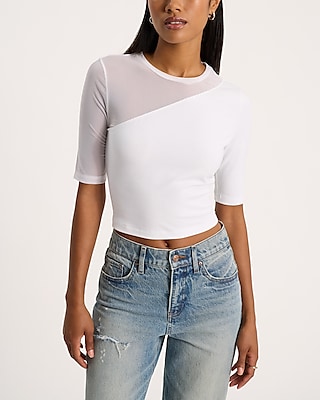 Fitted Mesh Pieced Crew Neck Elbow Sleeve Tee