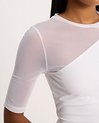 Fitted Mesh Pieced Crew Neck Elbow Sleeve Tee