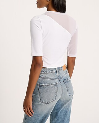 Fitted Mesh Pieced Crew Neck Elbow Sleeve Tee