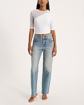 Fitted Mesh Pieced Crew Neck Elbow Sleeve Tee