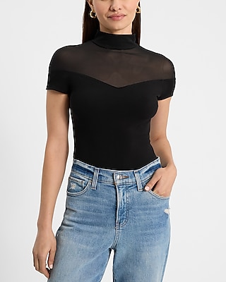 Fitted Mesh Pieced Mock Neck Short Sleeve Bodysuit