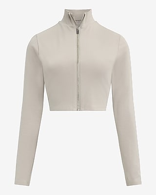 Body Contour Stretch Cotton Mock Neck Front Zip Cropped Long Sleeve Tee